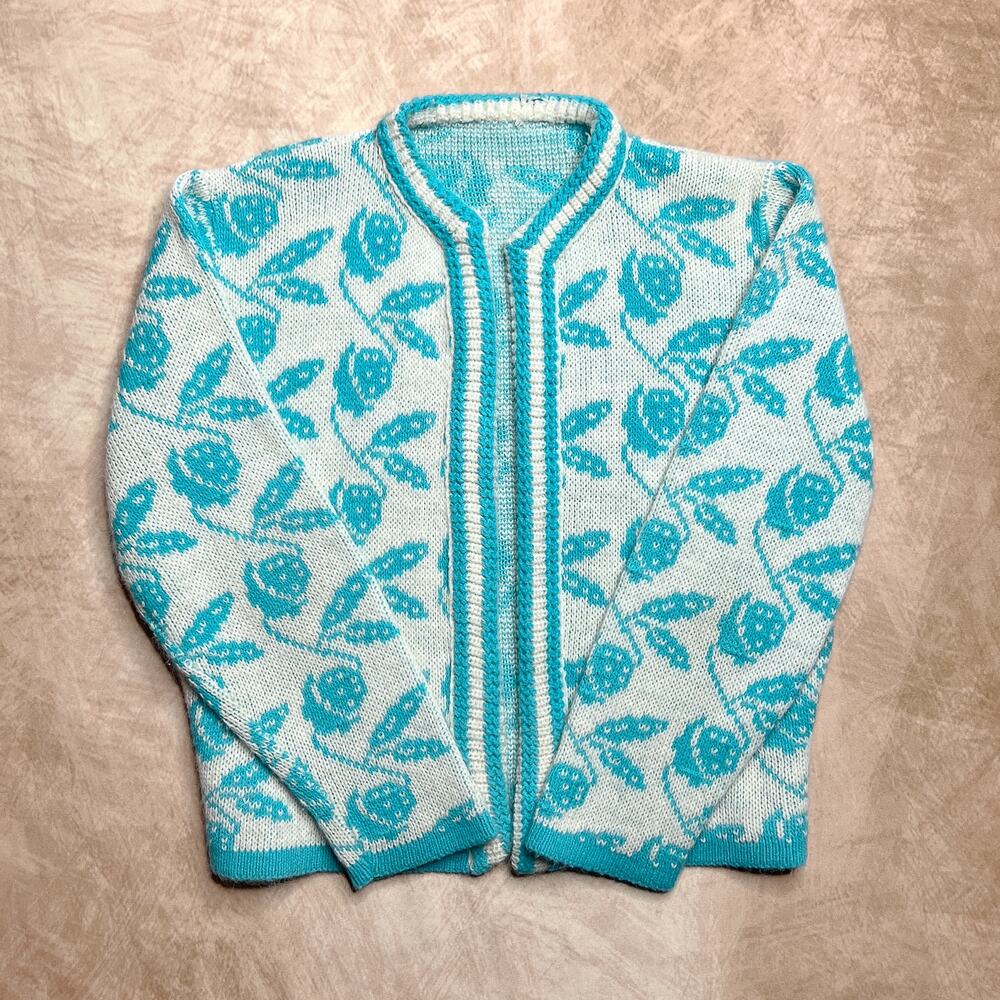 Vintage 70s Strawberry Print Cardigan Sweater Handmade Knit Cottagecore Garden